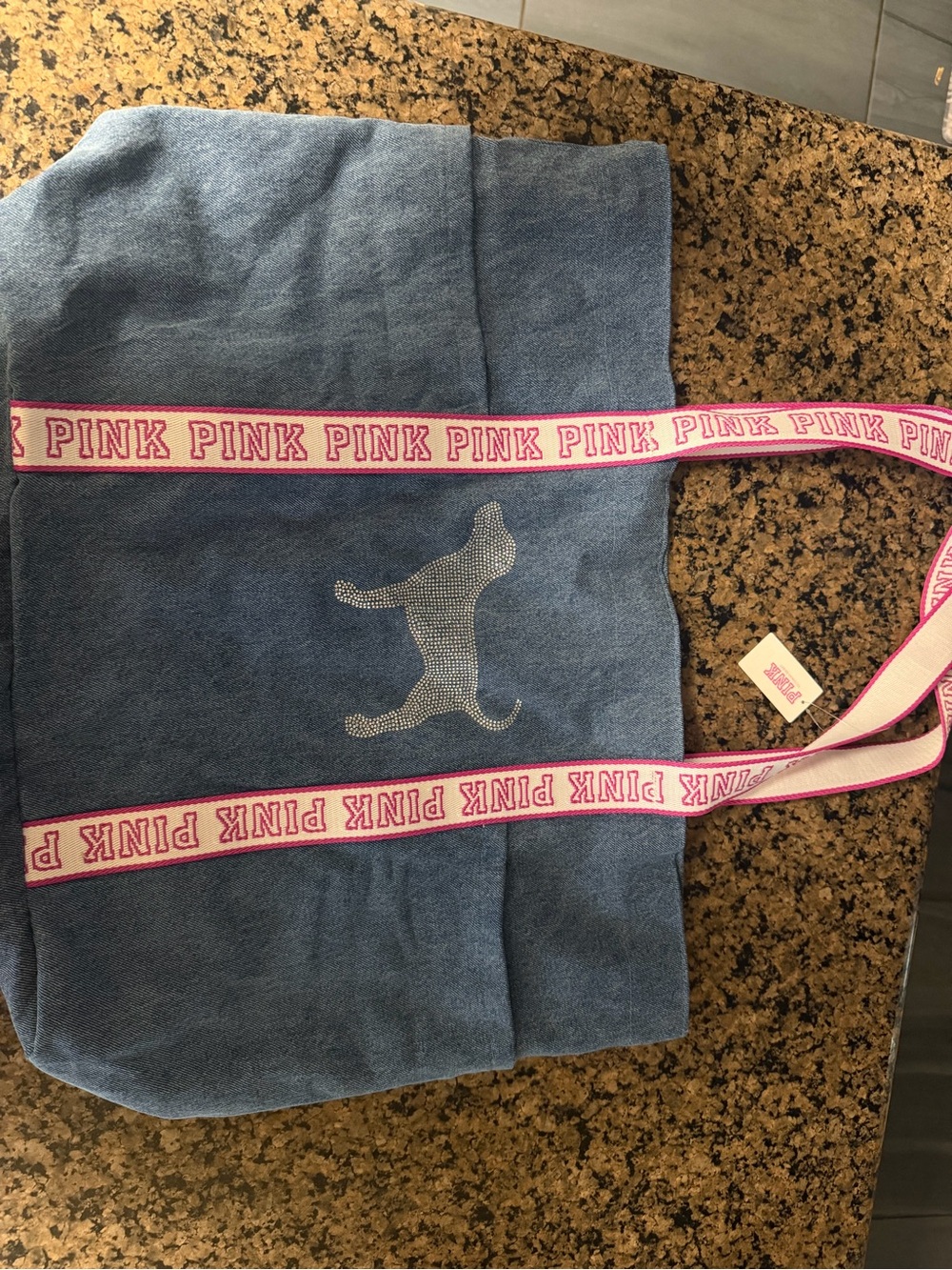 PINK Victoria's Secret Denim Blue Tote with Pink Logo Strap